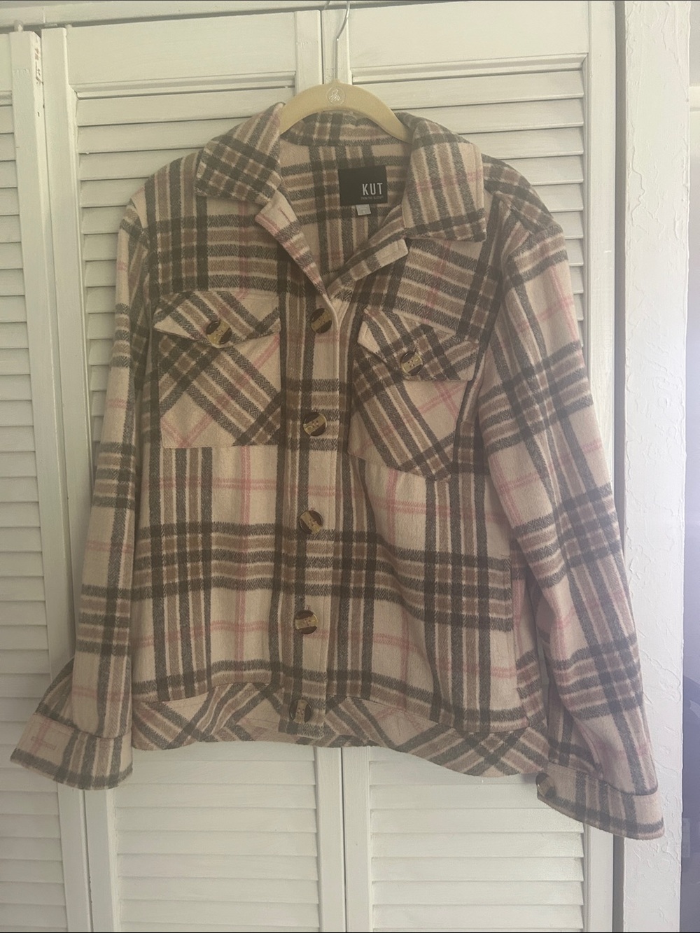 Kut from the Kloth Cream, Brown & Pink Plaid Utility Jacket